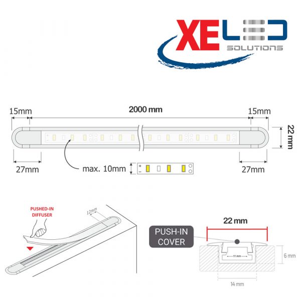 XL MINI U-LINE Recessed Aluminium Profile, 2 Meters