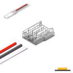 Mini Crystal LED strip connector is a transparent PC material connector, mainly suitable for IP20 SMD strips with matching pads. It has a reliable connection, invisible seamless lighting, the perfect solution for aluminum profile application, and a DIY connection without stripping.
